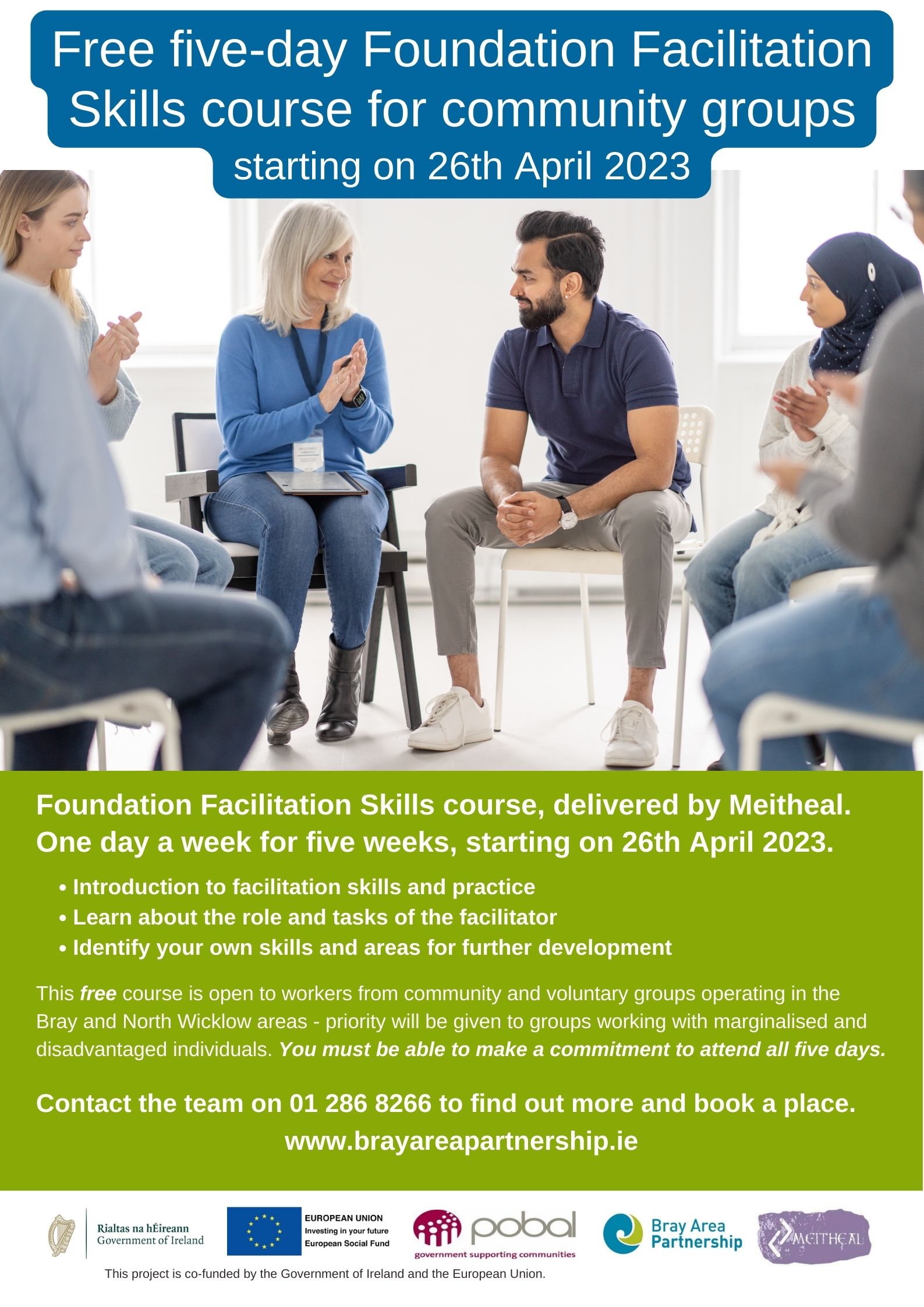 Poster with course information and photo of five people sitting in a circle in a room.