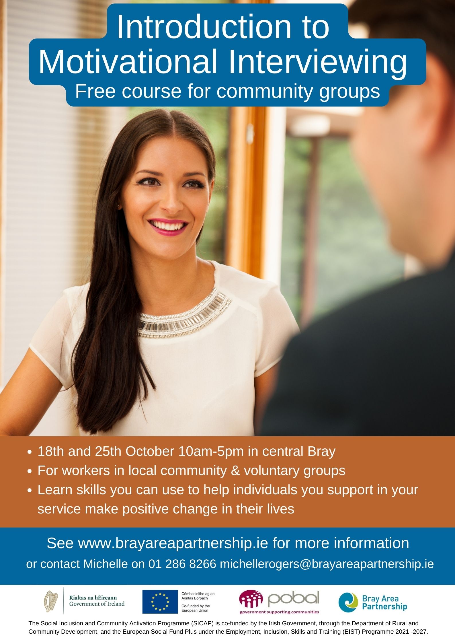 Poster with woman and man meeting and words about Motivational Interviewing course