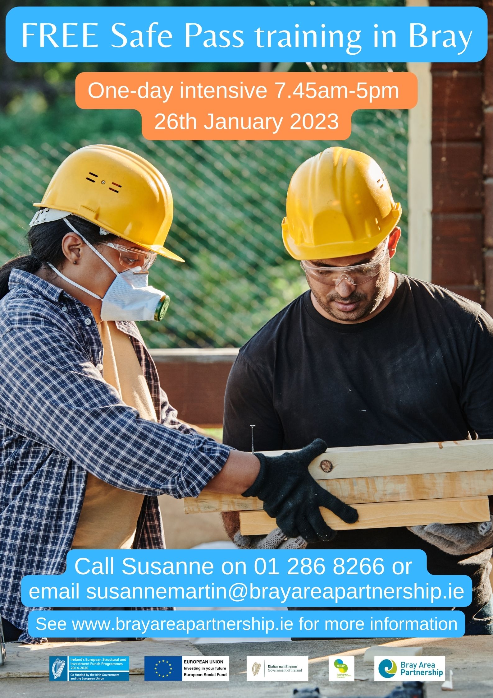 Poster showing woman and man construction workers with yellow hard hats