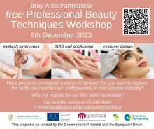 Poster with information on course and photo of face of woman, hands of woman and face of woman having beauty treatments