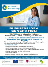 Business Ideas Generation poster with image of woman on laptop and information about the workshop