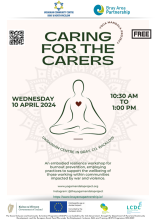 Caring for the Carers poster with drawing of person sitting cross-legged in meditation pose with red heart in centre of their chest, and words about the workshop