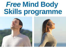 Picture of man and woman standing with eyes closed outdoors in nature and words Free Mind Body Skills programme 