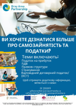 Poster with information on Self-employment and Taxes workshop, with images of men and women in the workplace
