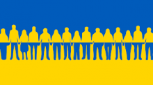 Image of Ukrainian flag with people standing in a row